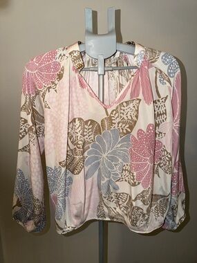 SUNNER Silk Floral V-Neck Blouse in Pink and Blue